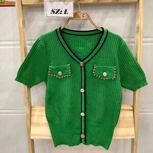 Green Ribbed Knit Cardigan Top Gold Button Chain Detail